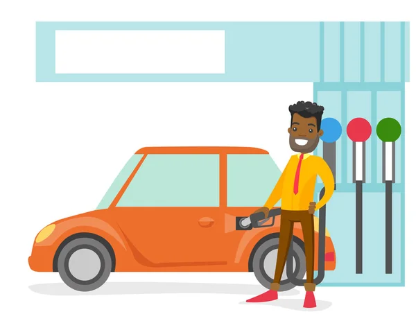 Man filling up fuel into the car at a gas station. — Stock Vector