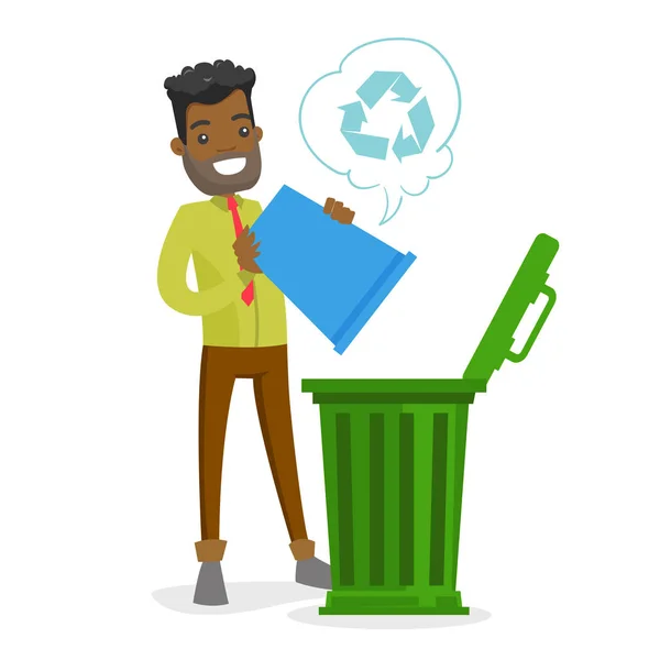 Young african man with recycle bin and trash can. — Stock Vector