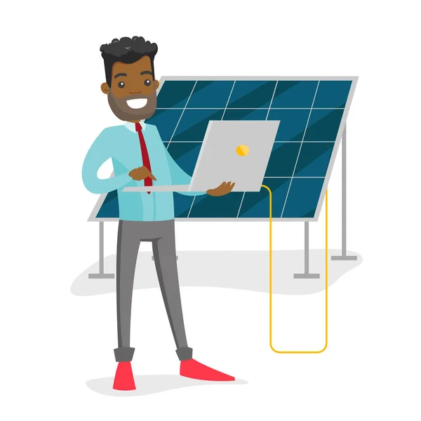 Mérnök dolgozik a laptop solar erőmű. — Stock Vector