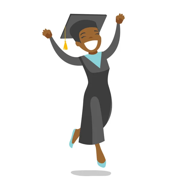 Joven alegre afroamericano graduado saltando . — Vector de stock