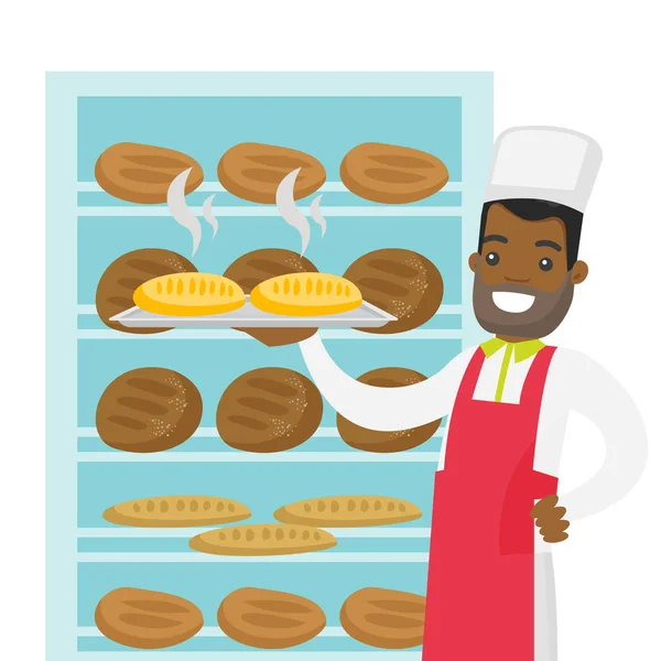 Afrikanisch-amerikanischer Bäcker hält Tablett mit Brot. — Stockvektor