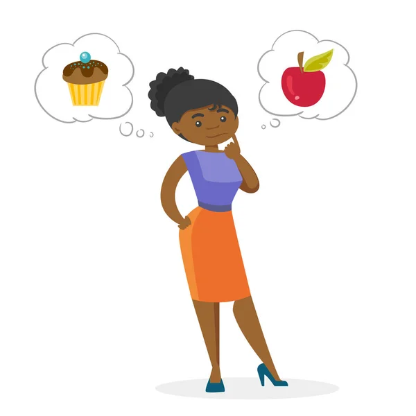 Femme africaine au choix entre pomme et cupcake . — Image vectorielle