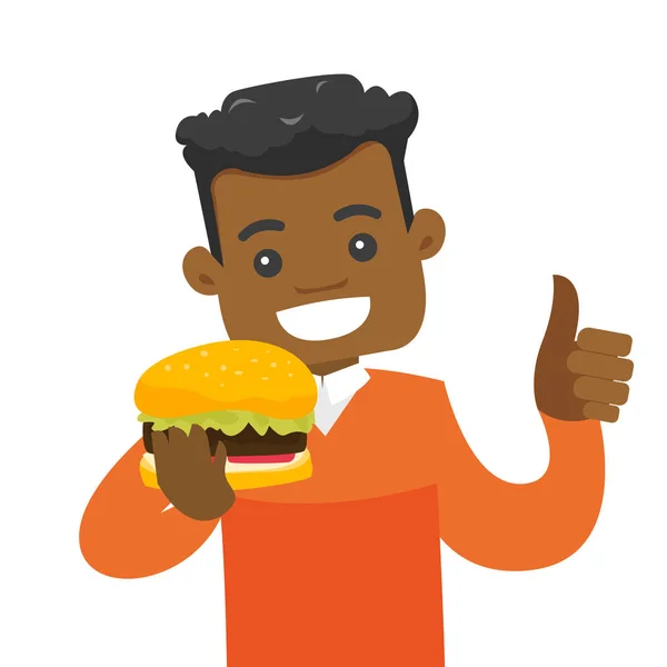 Young african-american man eating hamburger. — Stock Vector