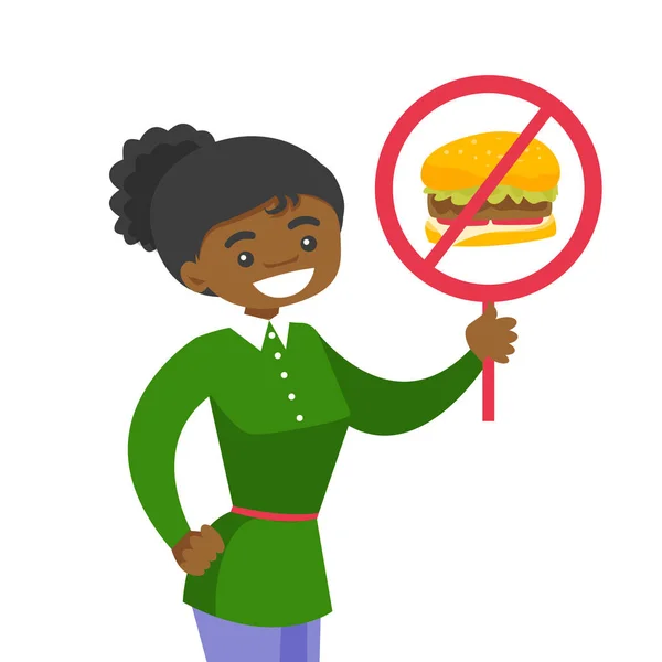 Junge Frau mit Plakat ohne Fastfood-Schild. — Stockvektor