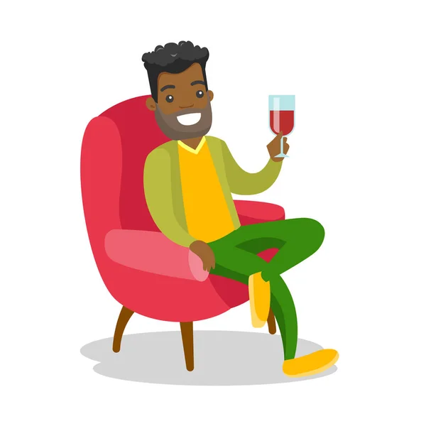 Americký muž, pití vína v křesle. — Stockový vektor