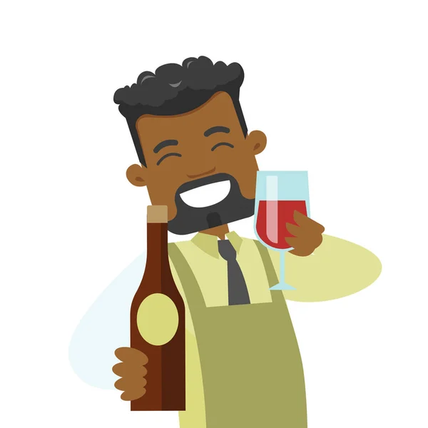 Cameriere africano con bicchiere e bottiglia di vino . — Vettoriale Stock
