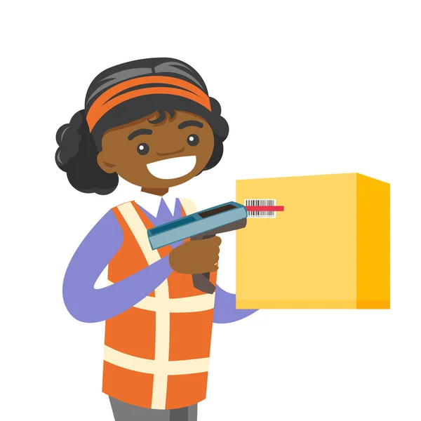 Trabajador de almacén africano escaneando código de barras en caja . — Vector de stock