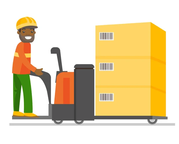 Young african warehouse worker driving a forklift. — Stock Vector