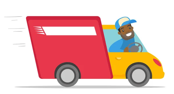 African-american courier driving a delivery truck. — Stock Vector