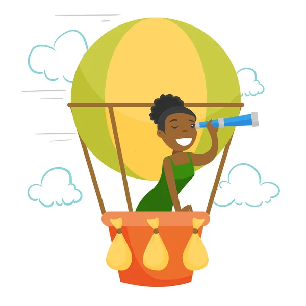 Mujer afroamericana volando en globo aerostático . — Vector de stock