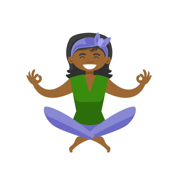 Mujer afroamericana meditando en pose de loto . — Vector de stock
