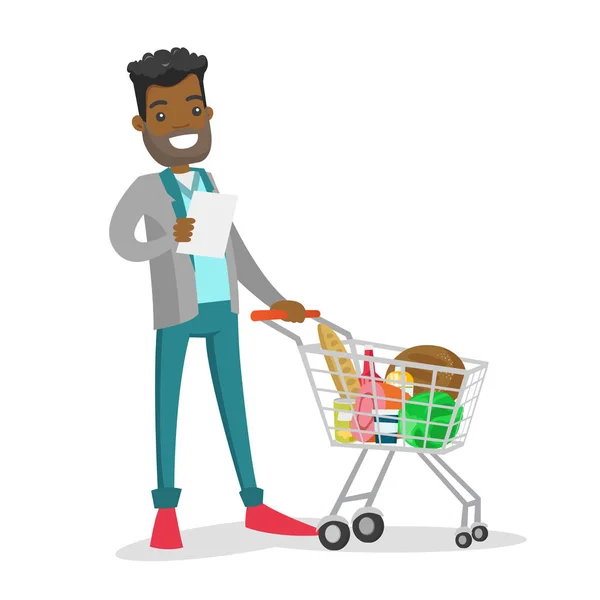 若いアフリカ系アメリカ人男が買い物リストをチェック. — ストックベクタ
