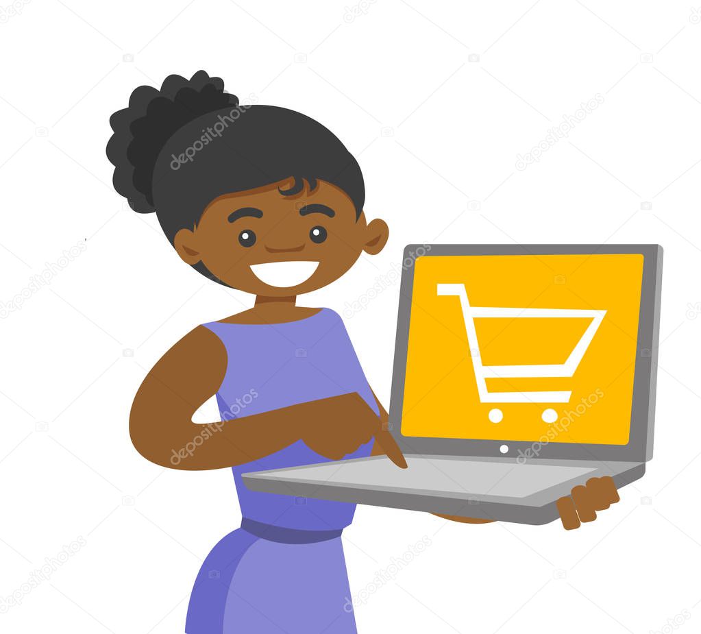 Woman holding using computer for shopping online.