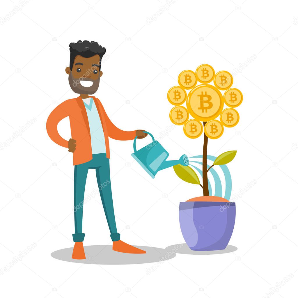 Businessman watering flower with bitcoin symbol