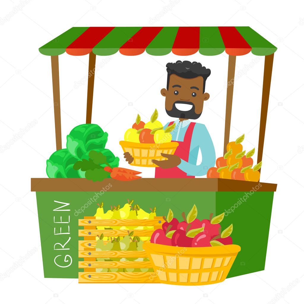 African street seller with fruits and vegetables