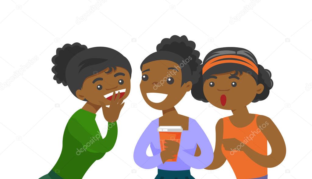 Young African American Woman Shielding Her Mouth And Whispering A Gossip To Her Friends Three Women Discussing Gossips Vector Cartoon Illustration Isolated On White Background Horizontal Layout Larastock