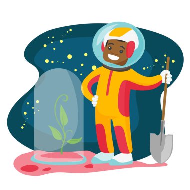 Beyaz astronot yeni bir gezegende ağaç dikme.