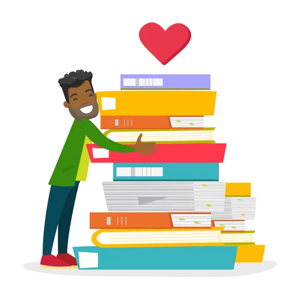 Joven hombre afroamericano abrazando libros . — Vector de stock