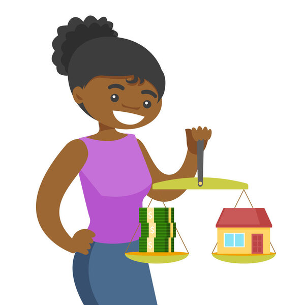 Young woman holding scales with money and house.