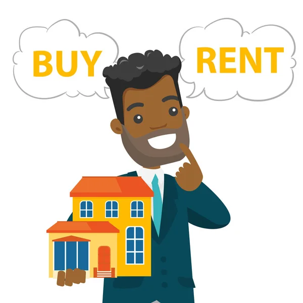Αφρικανικός-Αμερικανός άνθρωπος σκέφτεται να αγοράσουν ή να νοικιάσουν σπίτι. — Διανυσματικό Αρχείο