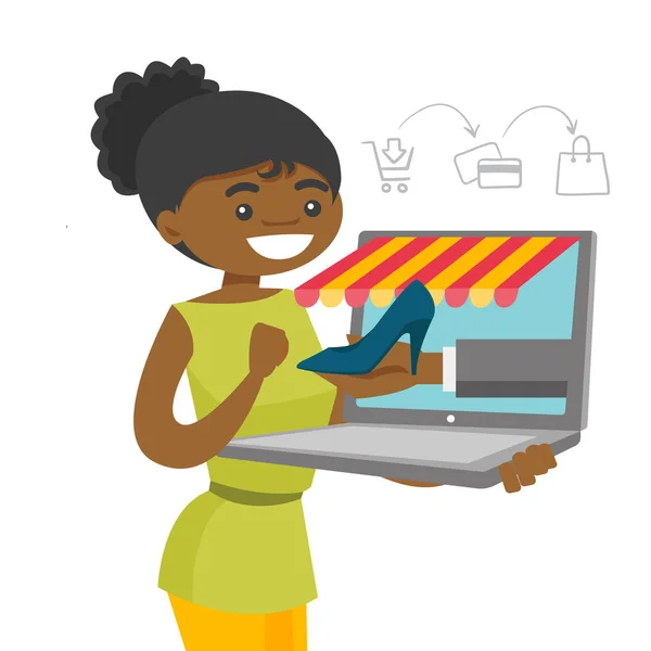 Jeune femme afro-américaine faisant du shopping en ligne . — Image vectorielle