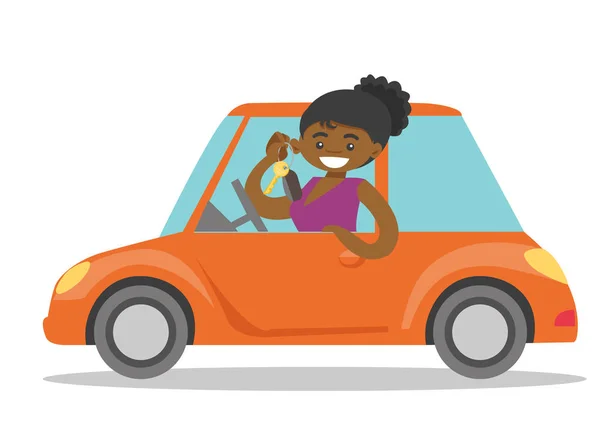 Mujer afroamericana mostrando la llave de su nuevo coche . — Vector de stock