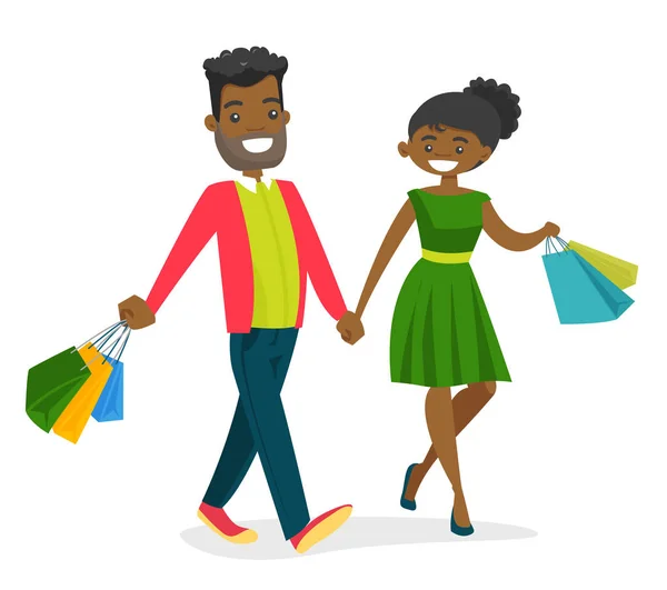 Afroamericanos caminando con bolsas de compras — Vector de stock