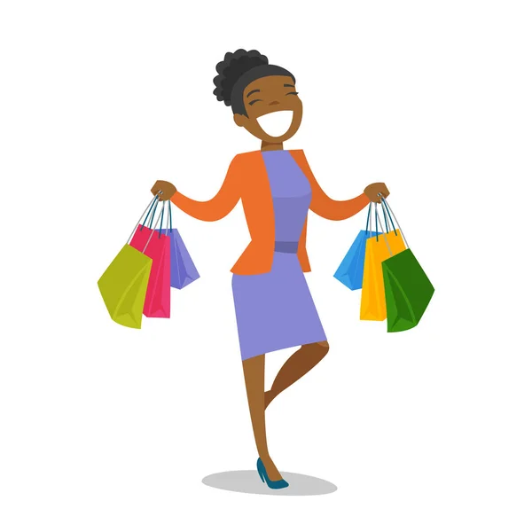 Joven mujer afroamericana sosteniendo bolsas de compras — Vector de stock