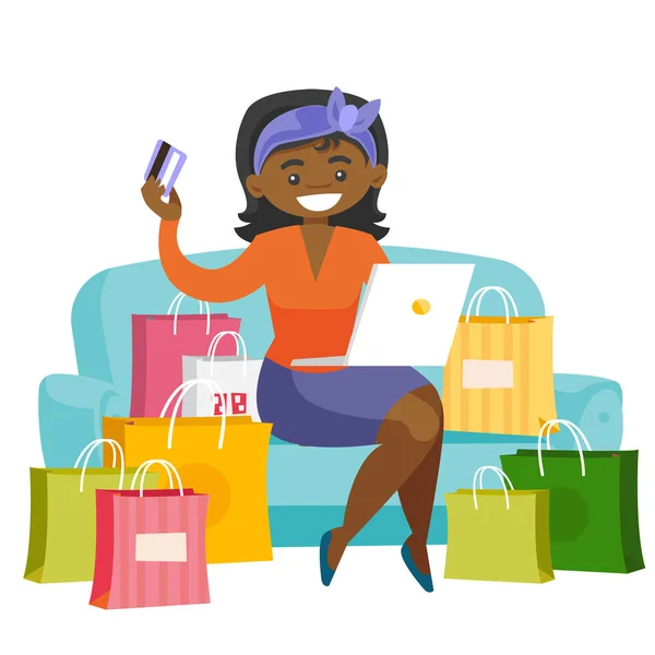 Mulher africana usando laptop para compras online . —  Vetores de Stock