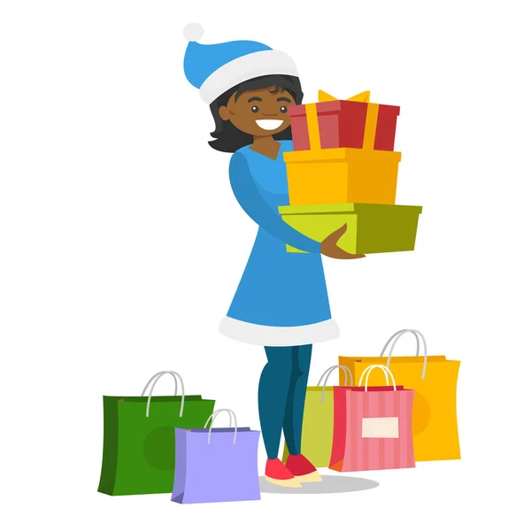 Young woman in santa hat buying christmas gifts. — Stock Vector
