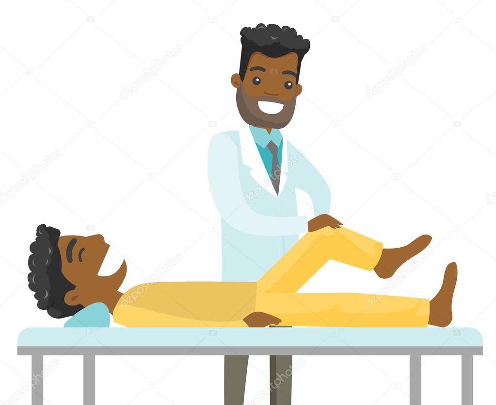 African physio checking the leg of a patient.