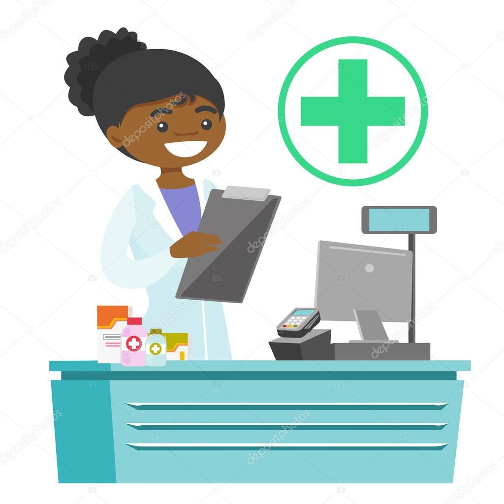 African-american pharmacist writing prescription.