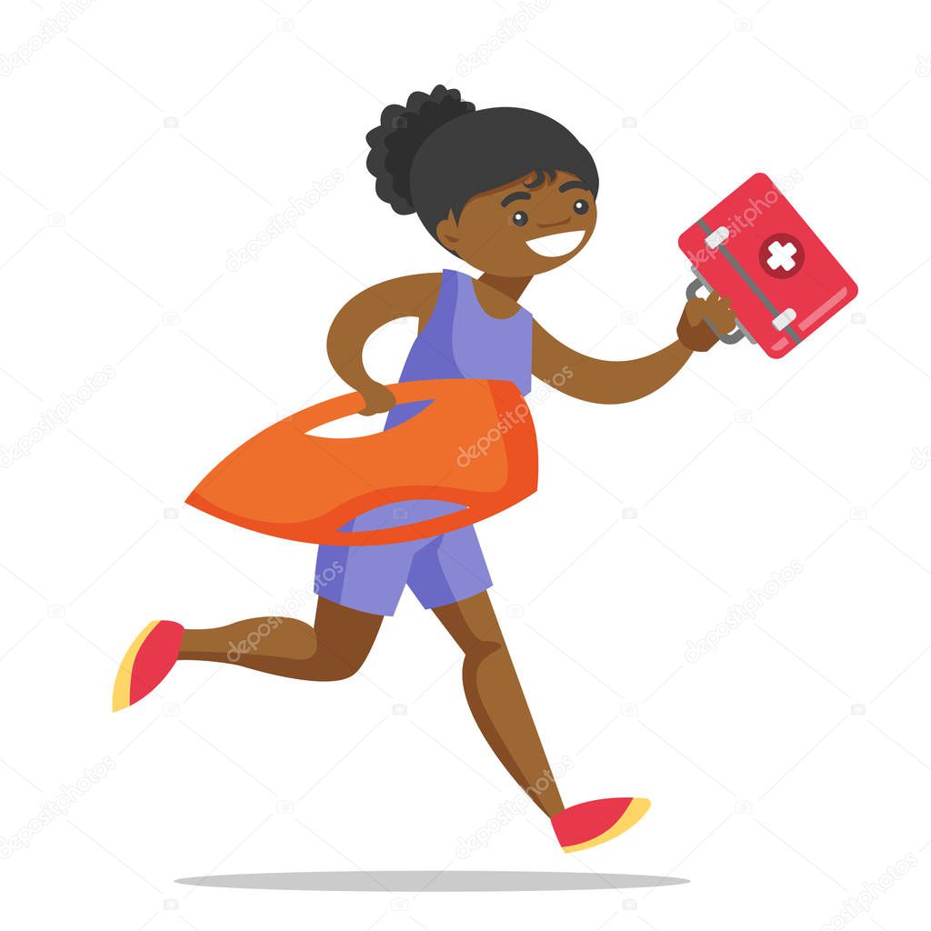 African lifeguard running with first aid box.
