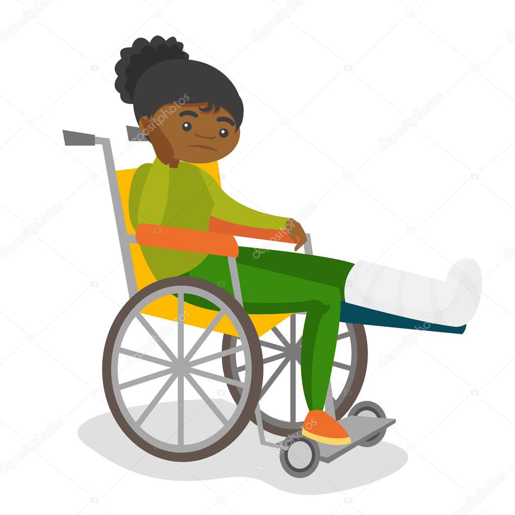 Woman with broken leg sitting in a wheelchair.