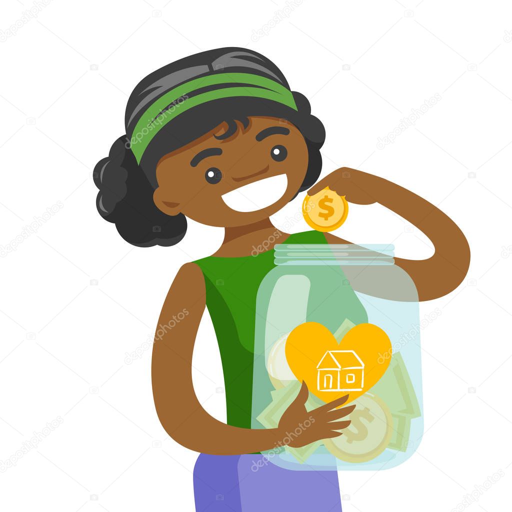 Woman saving money in glass jar to buy a house.