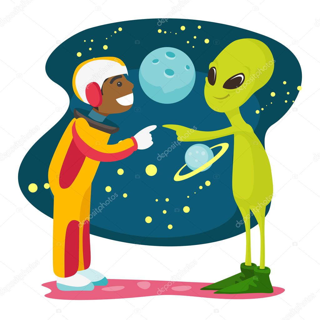 Astronaut and alien meet for the first time.