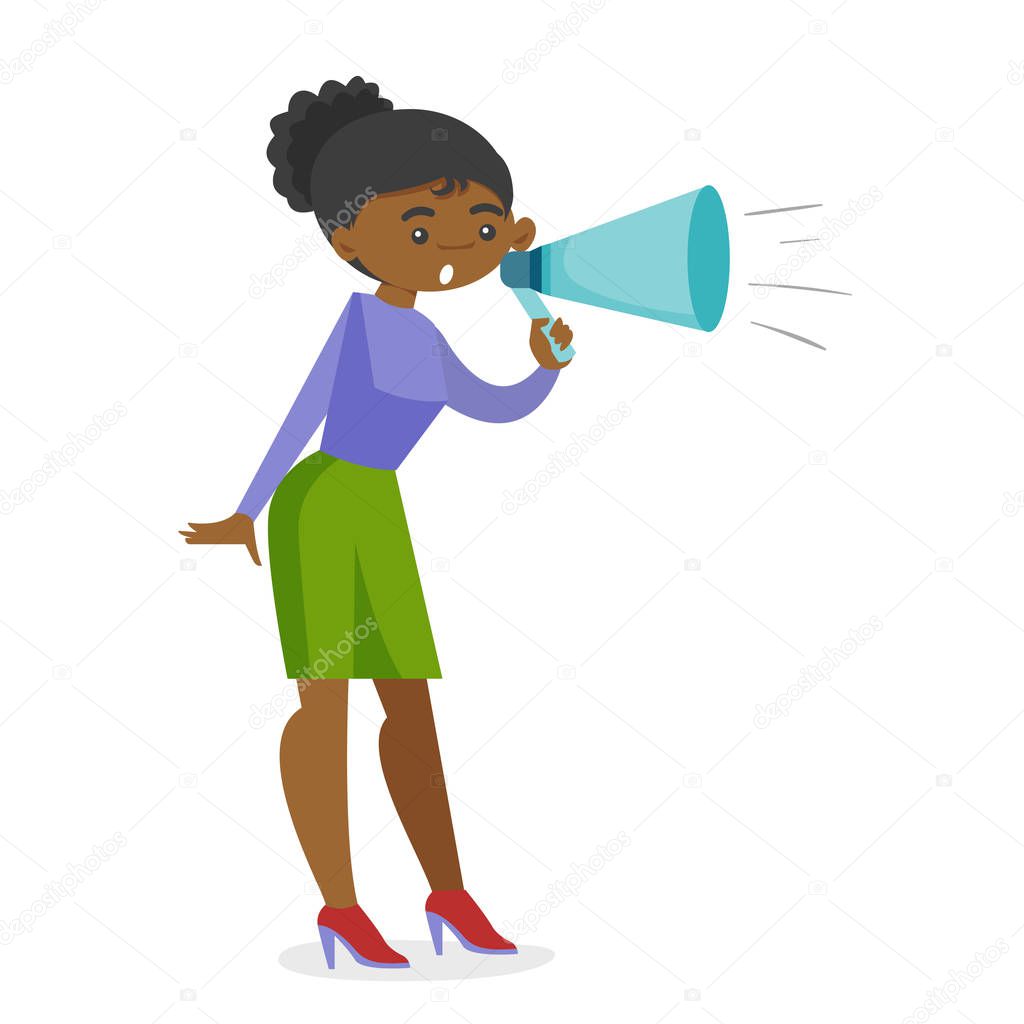 Young african feminist shouting into a megaphone.