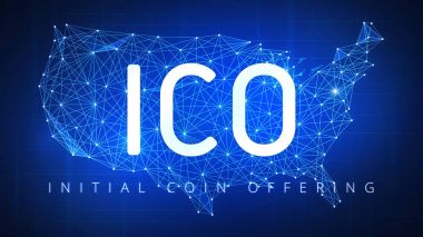 ICO ilk madeni para teklif afiş ABD harita ile.