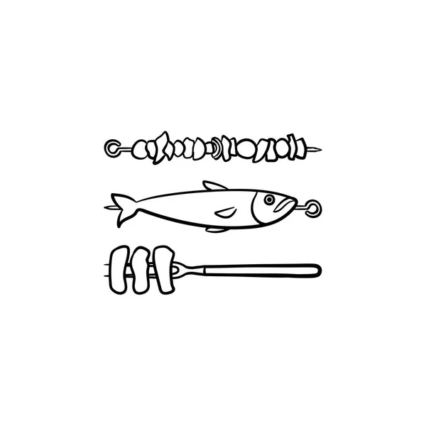 Spiedino con spiedino shish e icona della linea vettoriale dei pesci . — Vettoriale Stock