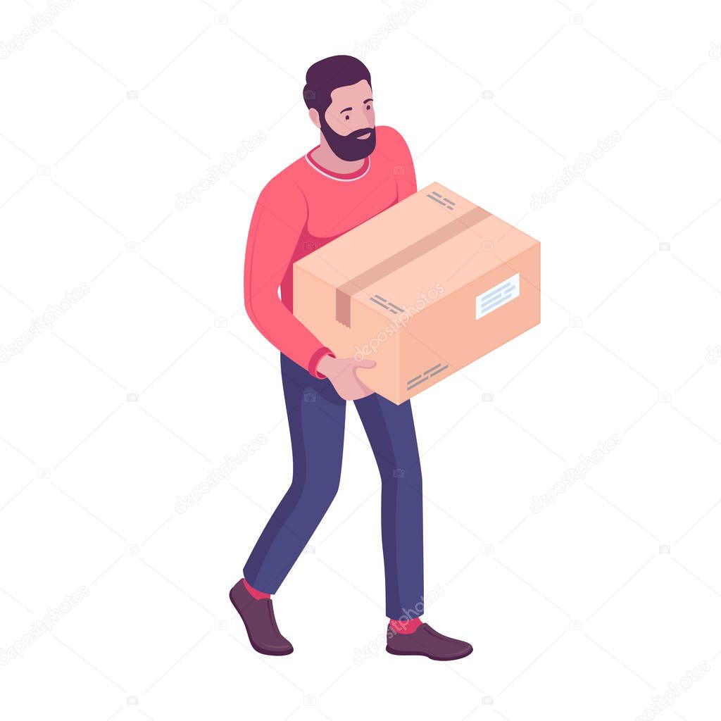 Young caucasian white man carrying cardboard box.