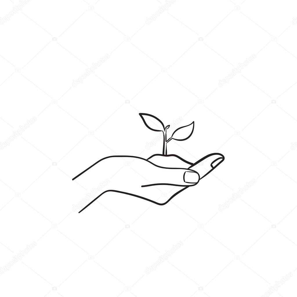 Human hand with sprout hand drawn sketch icon.