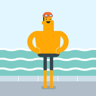 Yüzme Havuzu zemin üzerine beyaz adam.