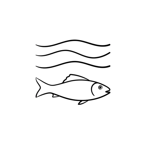 Dalga deniz altında balık çizilmiş kroki simgesi el. — Stok Vektör