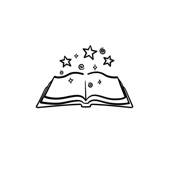 Libro magico aperto con le stelle disegnato a mano icona schizzo . — Vettoriale Stock