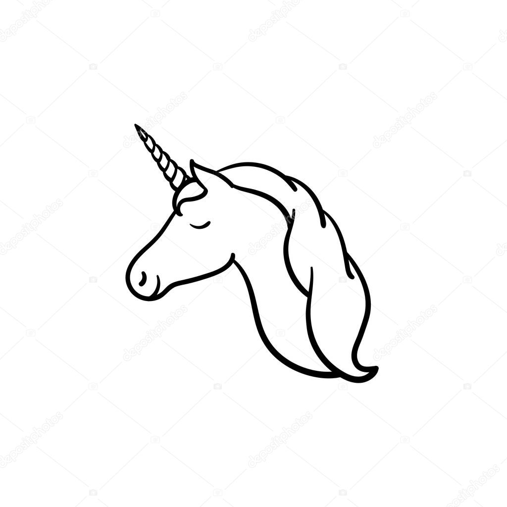 Unicorn head with horn hand drawn sketch icon.