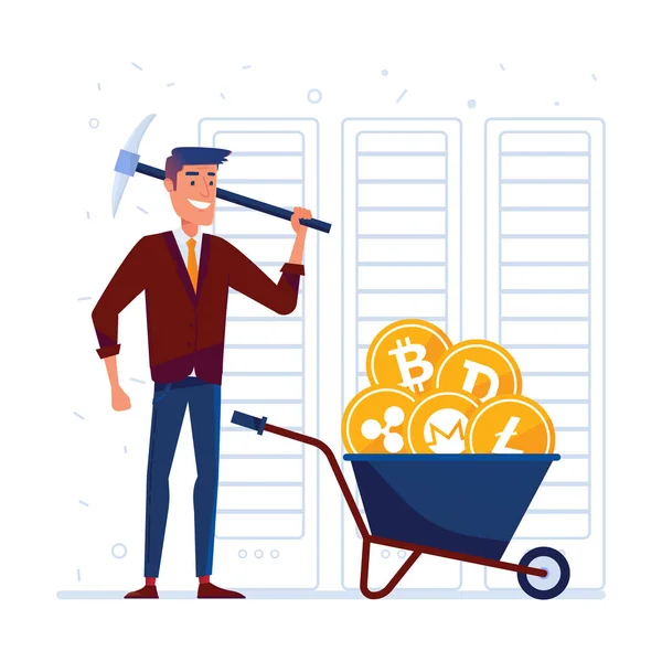 Man with pickaxe and barrow full of crypto coins — Stock Vector