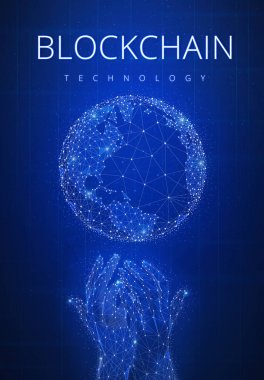 Blockchain teknolojisi ile dünya futuristik hud banner.