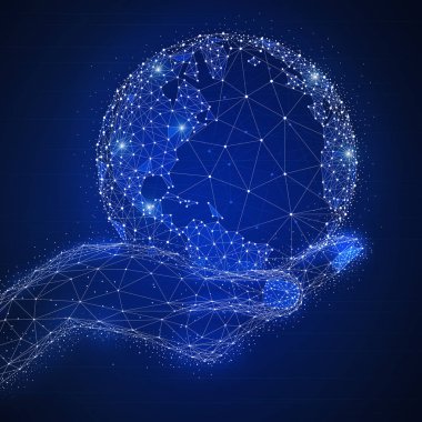 Dünya bir el ile Blockchain teknoloji fütüristik hud banner