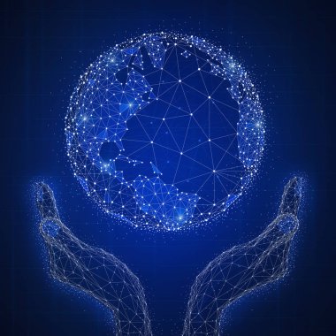 Blockchain teknoloji fütüristik hud afiş ile dünya elinde.