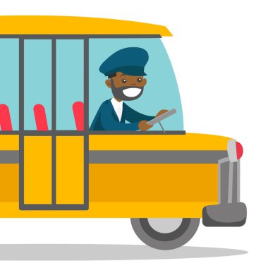 Direksiyon direksiyon başında oturan siyah otobüs şoförü.